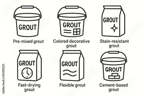 Various types of grout containers with labels and icons