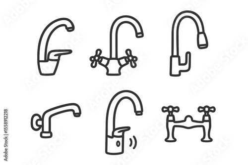 Hand-drawn faucet icons collection with modern and vintage designs