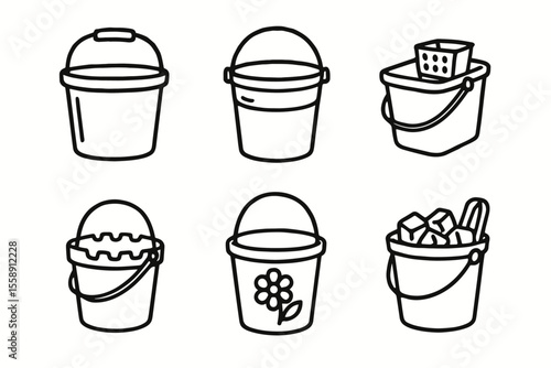 Collection of various bucket illustrations in black outline design