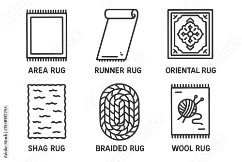Illustrated icons of area, runner, oriental, shag, braided, wool rugs