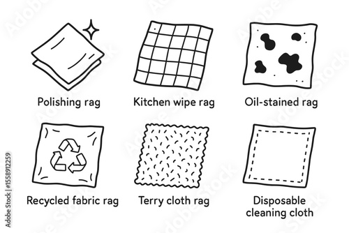 Various types of cleaning rags and cloths for diverse household tasks