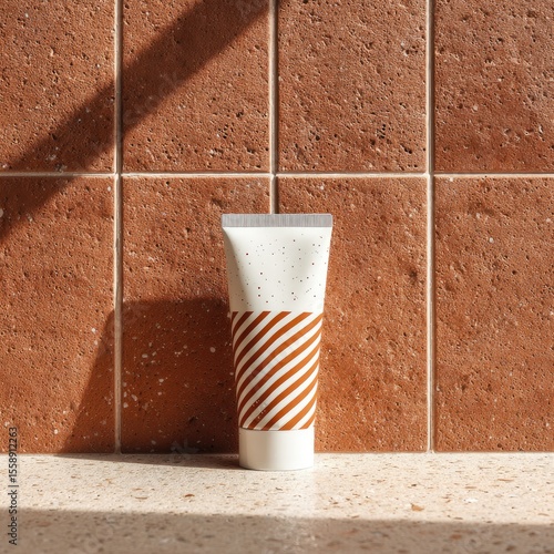 A white tube with orange stripes and speckled accents sits on a light counter against a terracotta tile wall, bathed in sunlight