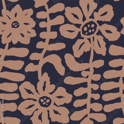 Brush strokes inky flowers brown seamless pattern. Abstract floral contemporary background. Textured botanical minimalist wallpaper