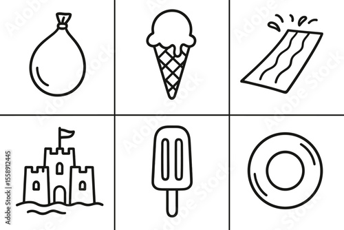 Summer icon set: water balloon, ice cream, water slide, sandcastle, popsicle, lifebuoy