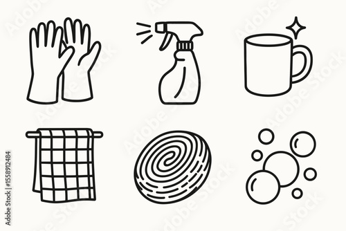Cleaning tools icons: gloves, spray bottle, mug, towel, sponge, bubbles