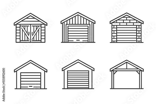 Minimalist line art garage and shed icons set