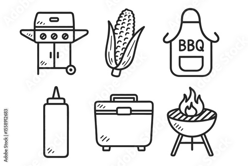 Bbq icons: grill, corn, apron, sauce, cooler, firepit