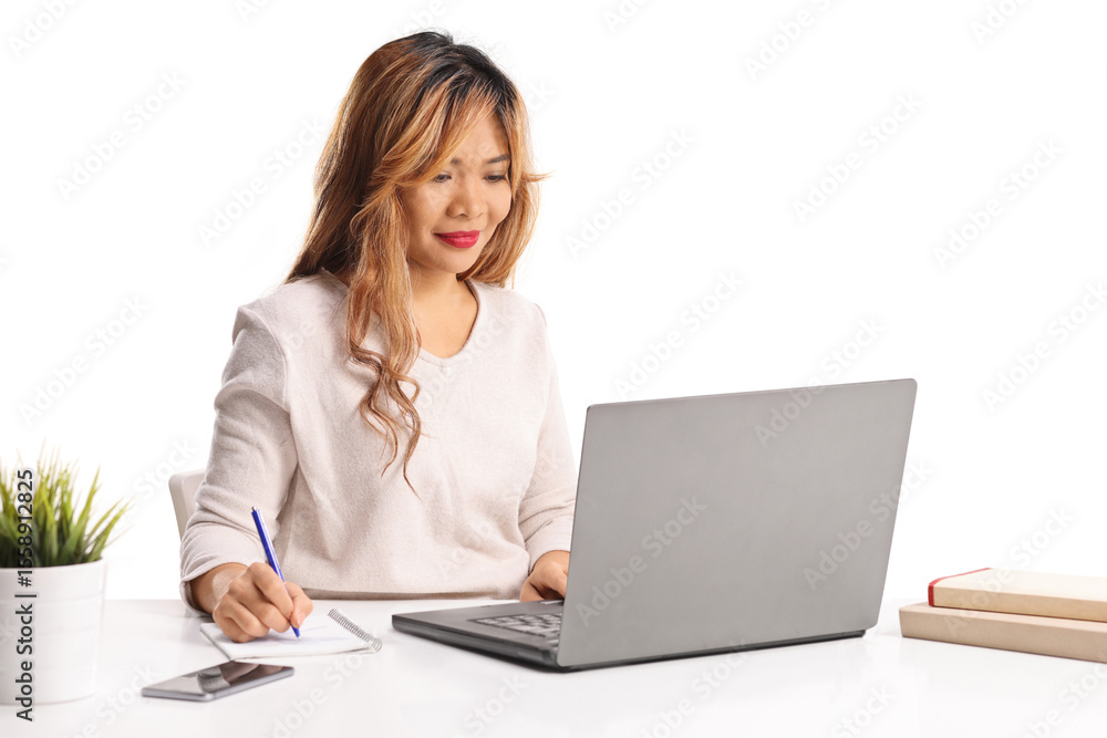 Asian woman working on a laptop computer and taking notes Asian woman working on a laptop computer and taking notes
