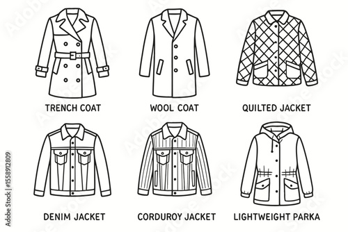Variety of outerwear styles: trench, wool, quilted, denim, corduroy, lightweight parka