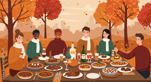 Thanksgiving Dinner with Friends Outdoors Autumn Celebration