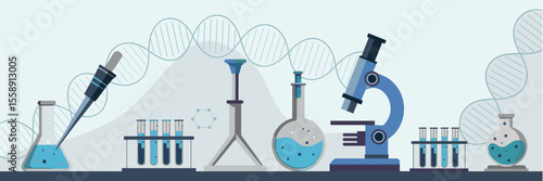 Biological research tools - pipette, microscope, DNA strand, modern chemistry lab vector banner