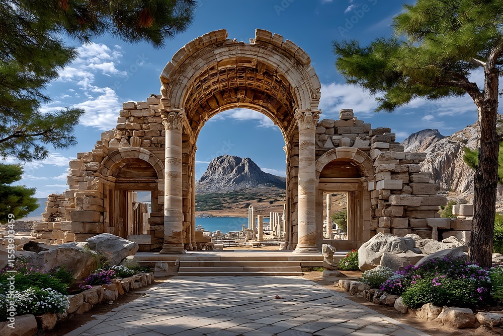 Fototapeta premium Ancient stone arch with mountain view high resolution picture