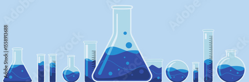 Chemistry lab glassware, elegant modern design in royal blue tones, flat vector chemistry banner