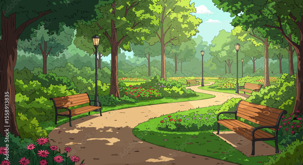 Fototapeta premium Scenic Park Path With Benches and Lush Greenery Illustration