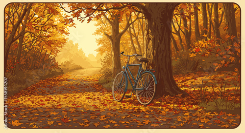 Autumnal Scene: Bicycle by Tree in a Golden Forest Path