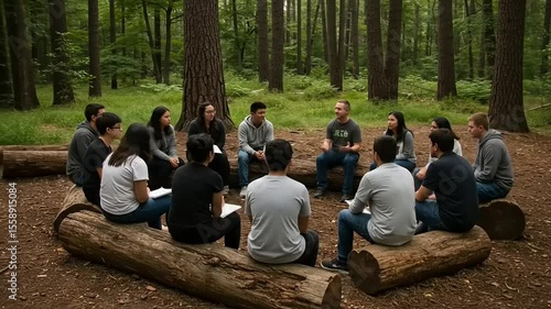 Group of diverse individuals engaged in a discussion in a serene forest setting surrounded by trees