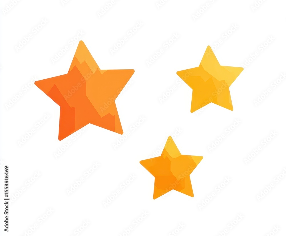 Obraz premium Three low-poly stars, orange and yellow gradient, varying sizes, isolated on white