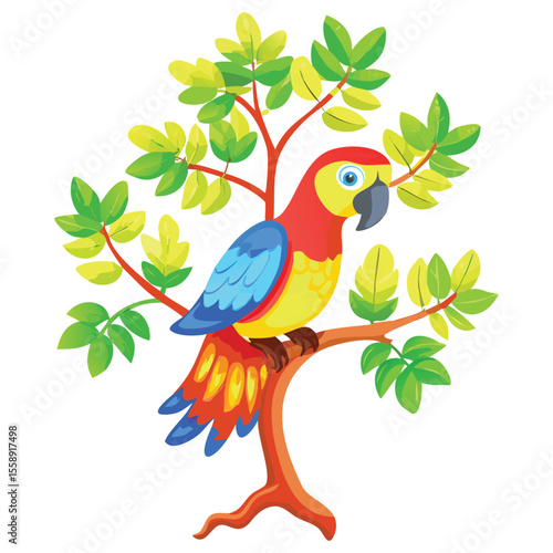 Cartoon parrot on tree branch bright tropical bird illustration for kids educational resources design
