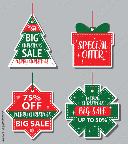 Christmas price tags collection. Set of sale tags and labels, template shopping labels. Discount and price tags on paper. Special offer. Vintage. Vector illustration.
