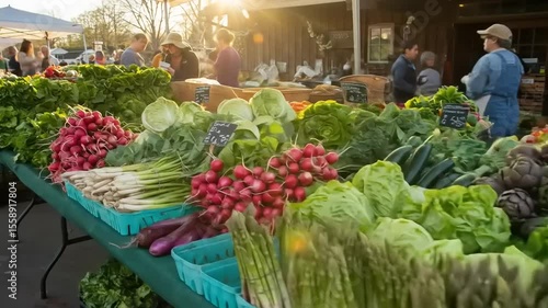 Vibrant farmers market scene showcasing fresh vegetables and lively shoppers under warm sunlight