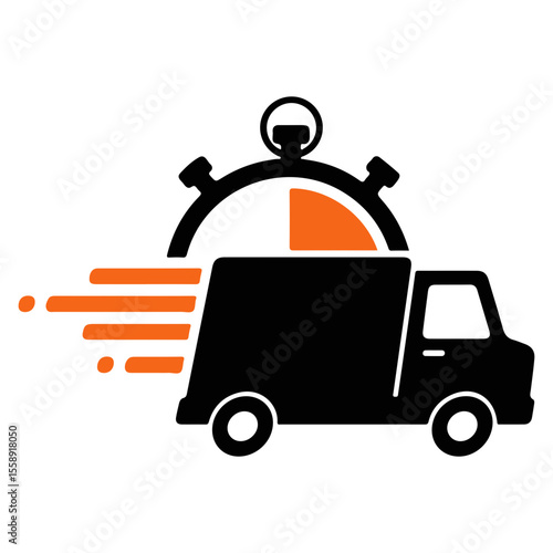  Express Delivery Service Icon. Dynamic icon for "Express Delivery" featuring a fast-moving truck overlaid on a stopwatch, symbolizing rapid and timely shipping. e-commerce, logistics, and delivery 