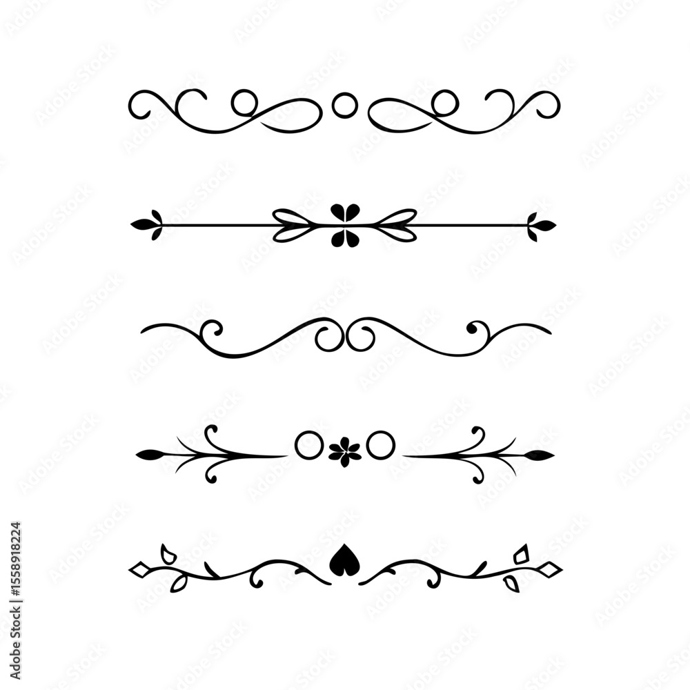 Obraz premium Decorative simple divider. Text dividers retro minimal line separators, Vector isolated geometric wedding card heart separator elements set. Text dividers. . Hand drawn vector illustration. 