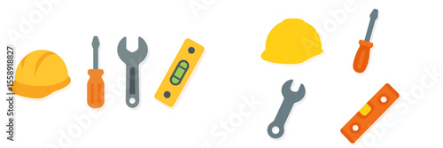 Construction tools and safety gear displayed in bright colors showcasing readiness for building projects