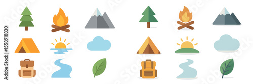 Colorful icons of camping, nature, and adventure activities for outdoor enthusiasts and explorers in a fun graphic design