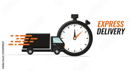  Express Delivery Service Icon. Dynamic icon for "Express Delivery" featuring a fast-moving truck overlaid on a stopwatch, symbolizing rapid and timely shipping. e-commerce, logistics, and delivery 
