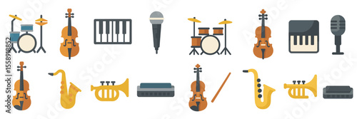 Various musical instruments displayed in a colorful arrangement showcasing diverse genres and sounds