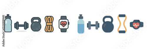 Fitness equipment and accessories arranged neatly on a white background showcasing healthy lifestyle essentials