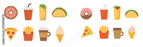 Colorful collection of various fast food items displayed in a playful style along with beverages in a casual layout