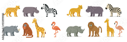 Colorful collection of cartoon animals in various poses and species at an imaginary wildlife gathering