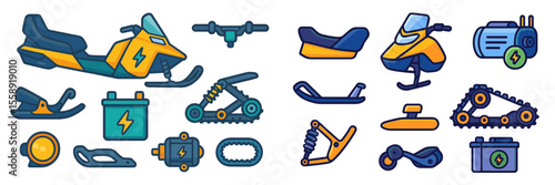 Snowmobile spare parts shown in various sizes and shapes on a white background