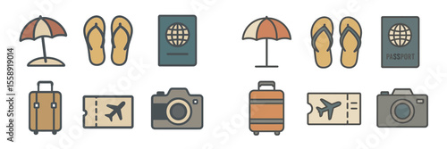 Travel essentials icons depicting beach activities, luggage, and passport items in a minimalistic design for vacation planning
