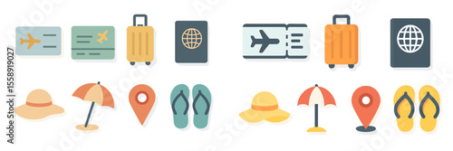 Travel essentials displayed with luggage tags, passports, and beach accessories for a perfect summer getaway in a bright design