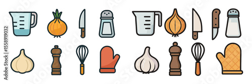Kitchen tools and ingredients arranged in a neat layout for meal preparation and cooking activities