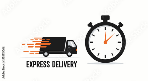  Express Delivery Service Icon. Dynamic icon for "Express Delivery" featuring a fast-moving truck overlaid on a stopwatch, symbolizing rapid and timely shipping. e-commerce, logistics, and delivery 