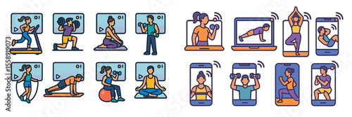 Diverse individuals engaged in various home workout routines using online tutorials during the morning hours