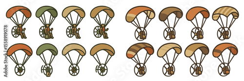 Various parachute designs with different colors and styles in an organized arrangement