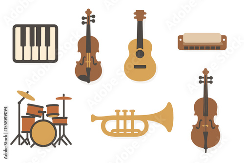 Variety of musical instruments depicted in a colorful and playful illustration
