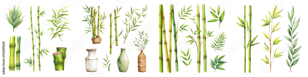 Naklejka premium Bamboo and Vase Watercolor Clipart Set: Asian Inspired Design Elements