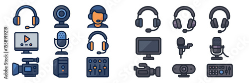 Collection of audio and video equipment icons representing multimedia production and communication tools