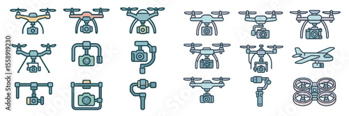 Various drone designs and camera stabilization equipment showcased in flat illustrations