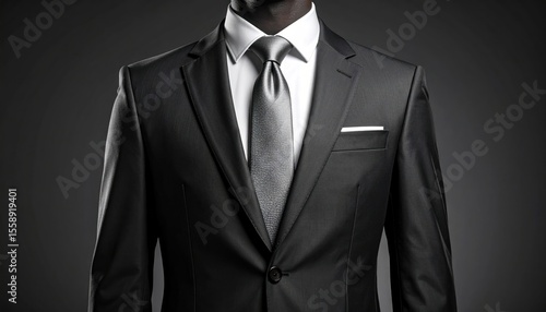 Formal black suit with gray tie. Close-up of a man's torso, showcasing a tailored black suit jacket, white shirt, and gray tie.  Dark background