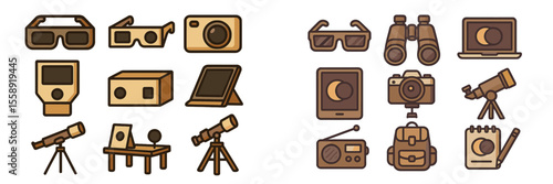 Icon collection featuring various gadgets for photography and stargazing activities