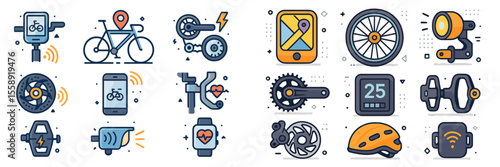 Fitness tracking and cycling equipment icons for modern biking enthusiasts and health monitoring on the go