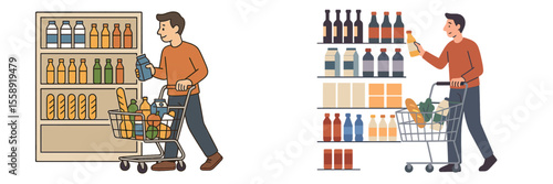 Shopping for groceries in a supermarket with a cart full of fresh produce and beverages during daytime hours