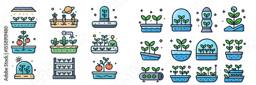 Variety of modern gardening concepts featuring indoor planters and hydroponics in vibrant illustrations