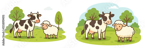 Cows and sheep in a cartoon landscape with trees and green grass under a blue sky